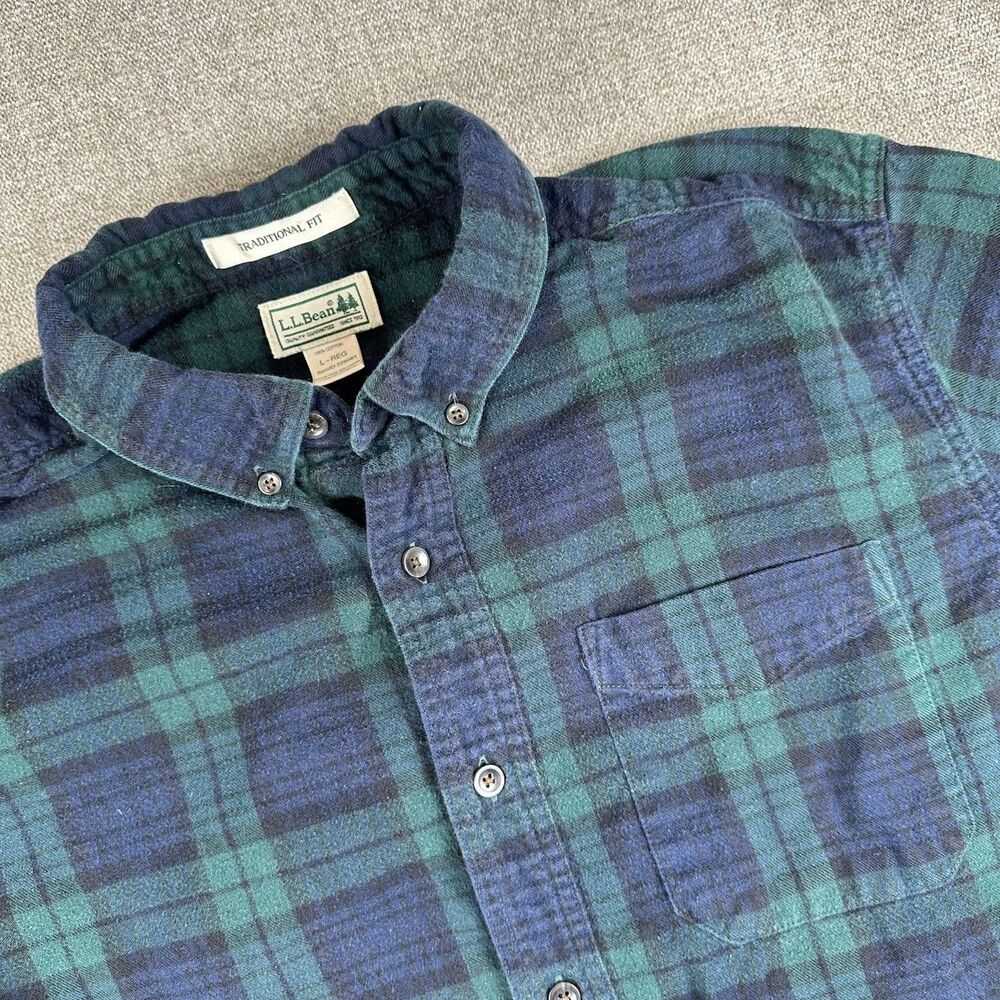 LL Bean Shirt Mens L Traditional Fit Green Blue Scotch Plaid Button Flannel